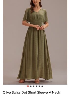Petallush Olive V-Neck Swiss Dot Maxi Dress